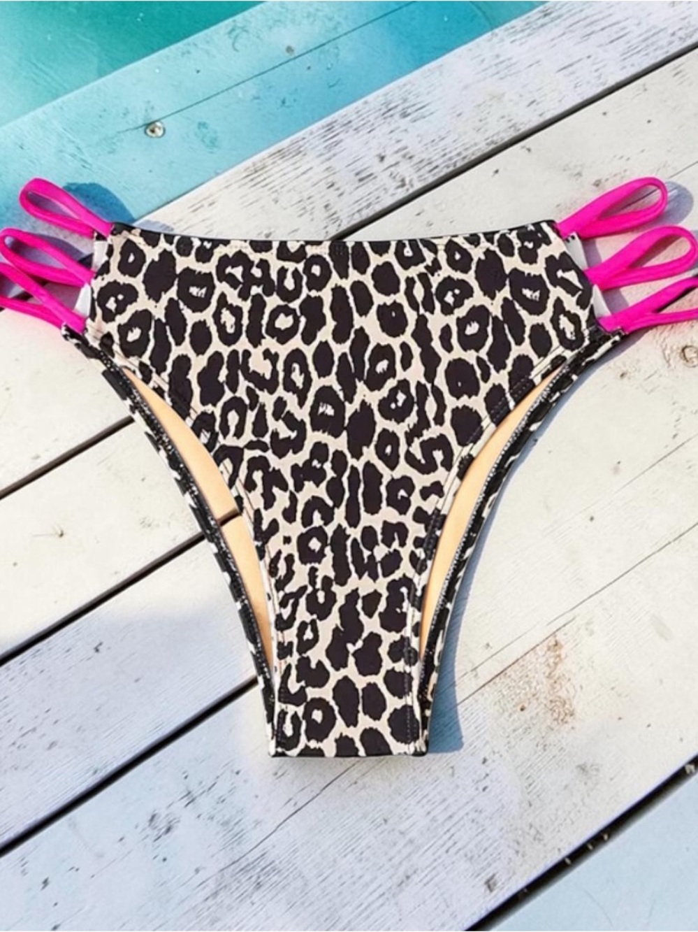 Leopard Print High-Waist Bikini Bottom with Pink Strappy Sides
